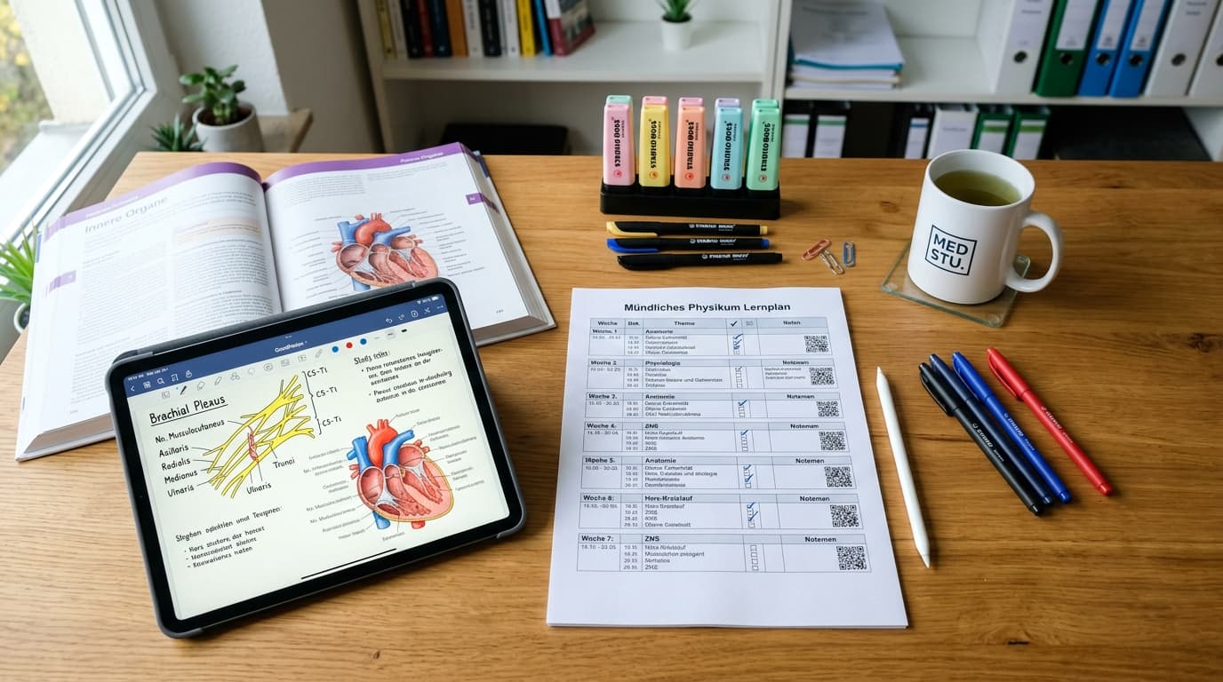 Mündliches Physikum Lernplan als PDF ausgedruckt auf Schreibtisch neben iPad mit Anatomie-Skizzen