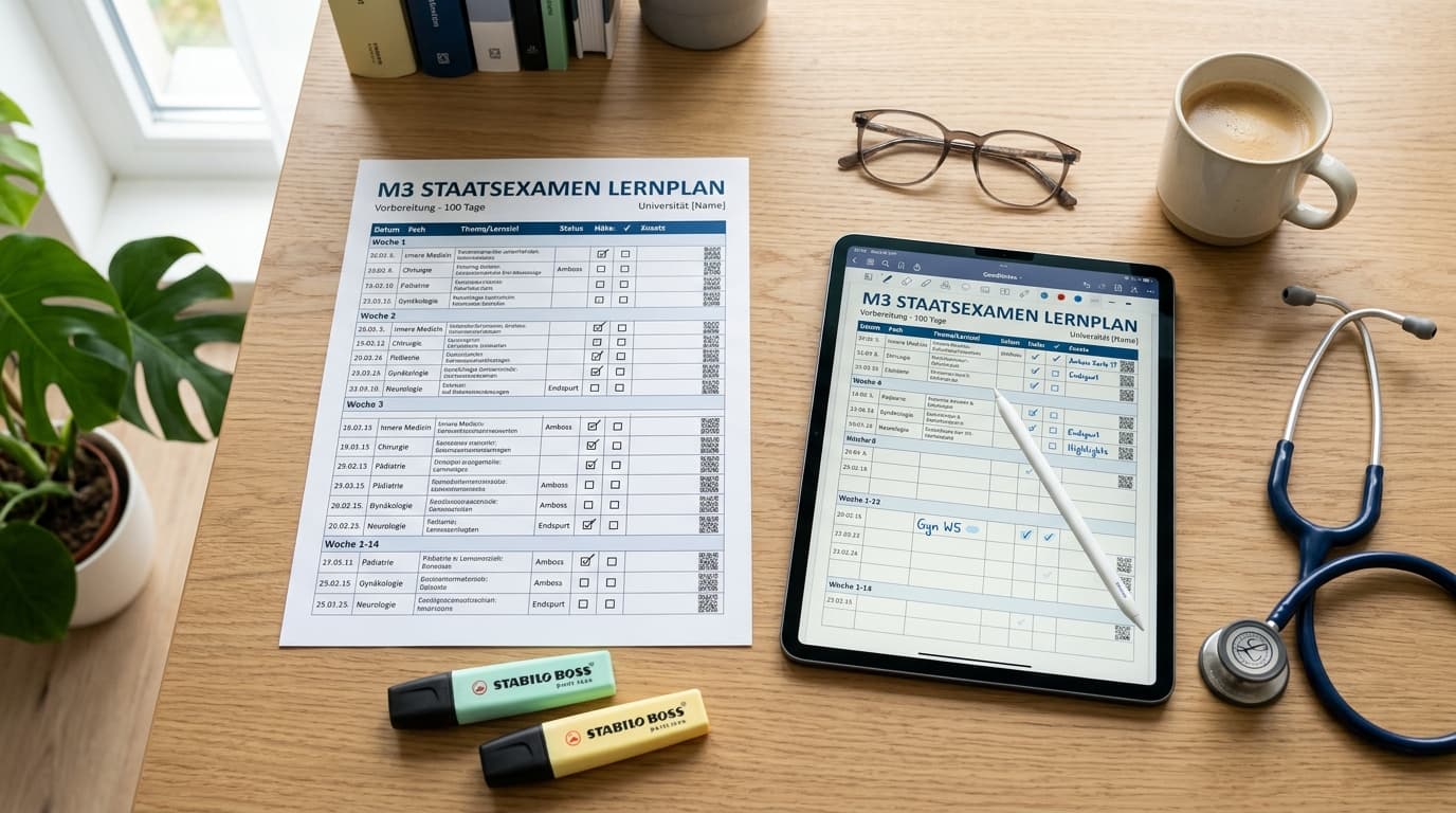 M3 Staatsexamen Lernplan ausgedruckt auf Schreibtisch neben iPad mit GoodNotes und Stethoskop